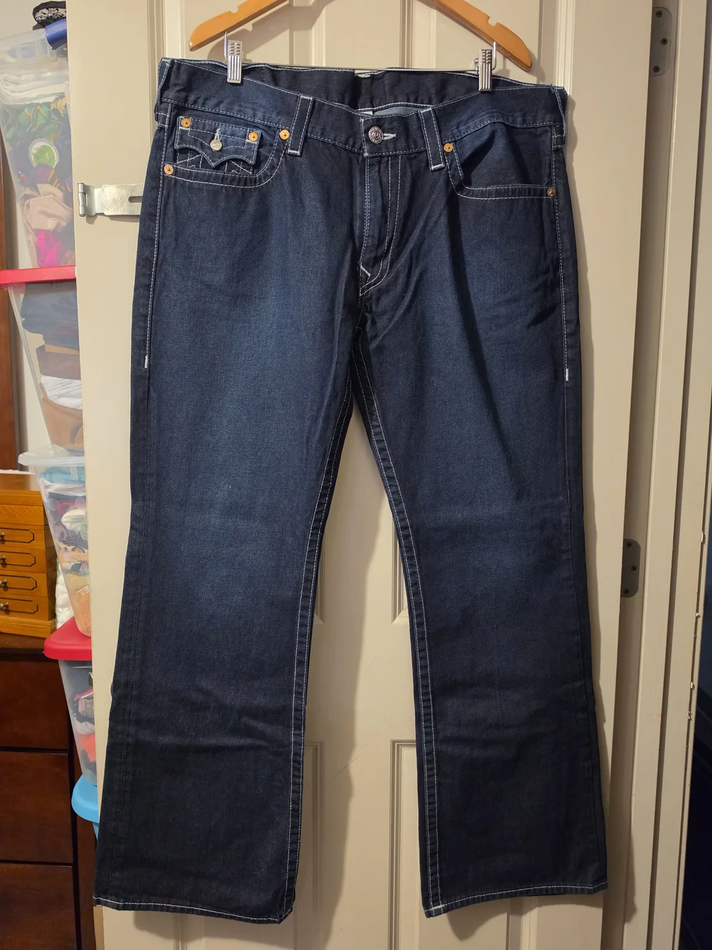 True Religion Men’s Dark Blue Bootcut Jeans with Contrast Stitching